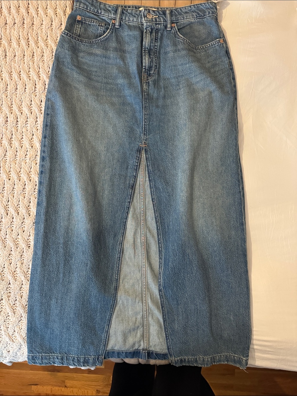 NWT We The Free Medium Blue Denim Midi Pencil Skirt with Center Front Slit
